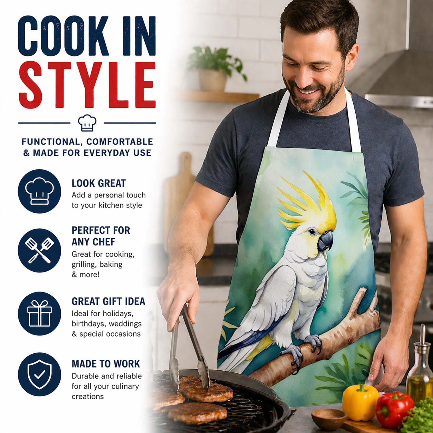 Sulphurcrested Cockatoo Apron Cooking Kitchen Server Baking Crafts Gardening for Adult Women Men, Unisex, Large, Multicolor