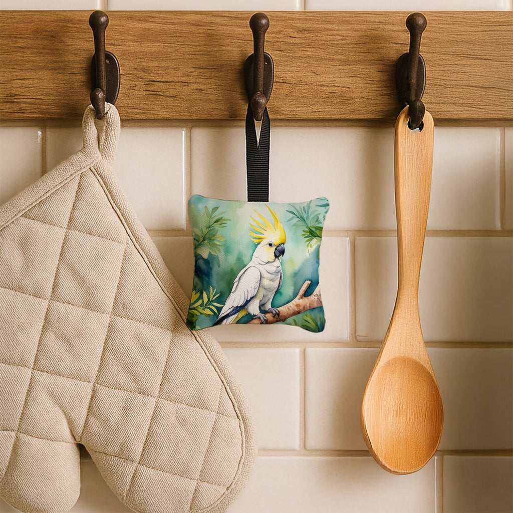 Sulphurcrested Cockatoo Hanging Square Fabric Ornament 3.5 × 3.5 Decorative Door-Knob & Tree Hanger, Soft Fabric
