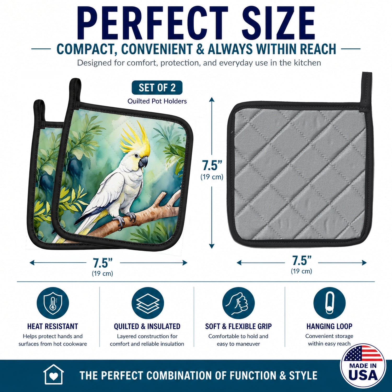 Sulphurcrested Cockatoo Pot Holder Set of 2 Heat Resistant Quilted Hot Pads 7.5 x 7.5 Inch, Insulated Kitchen Trivets for Cooking & Baking