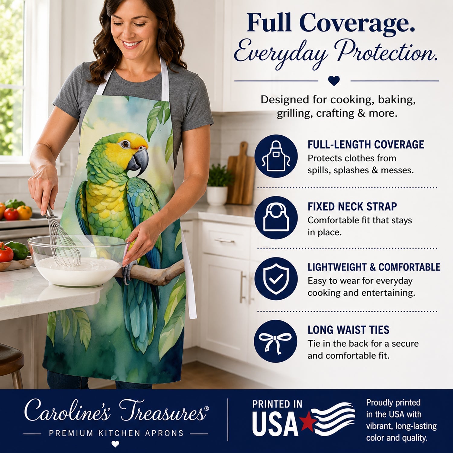 Yellownaped Amazon Parrot Apron Cooking Kitchen Server Baking Crafts Gardening for Adult Women Men, Unisex, Large, Multicolor