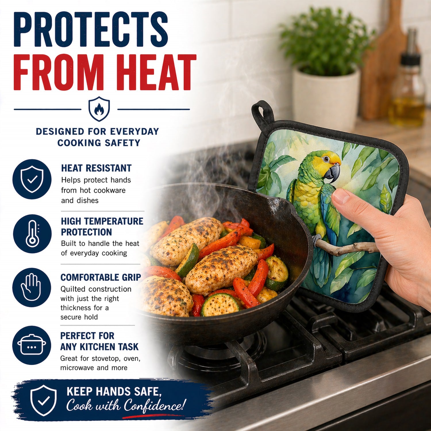 Yellownaped Amazon Parrot Pot Holder Set of 2 Heat Resistant Quilted Hot Pads 7.5 x 7.5 Inch, Insulated Kitchen Trivets for Cooking & Baking