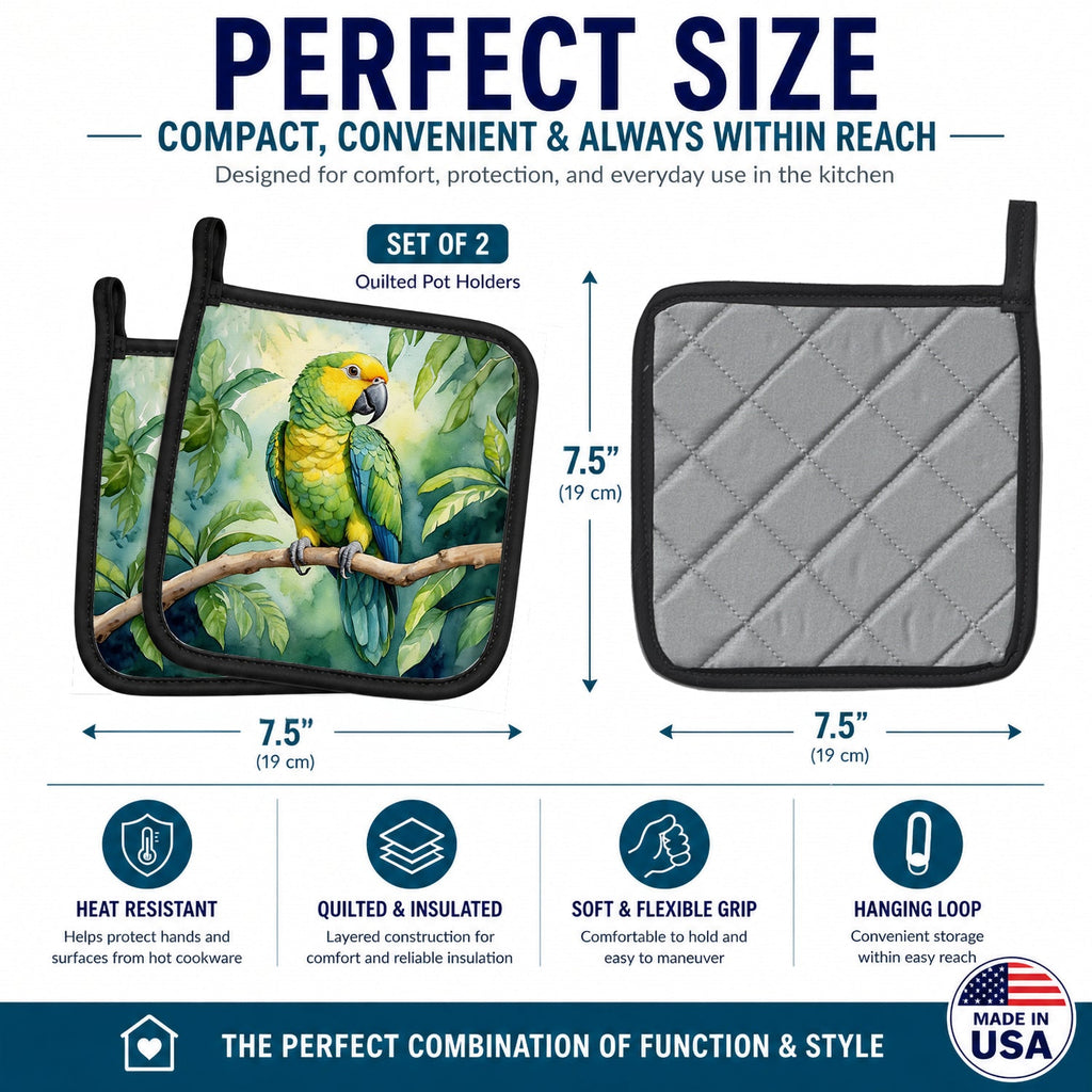Yellownaped Amazon Parrot Pot Holder Set of 2 Heat Resistant Quilted Hot Pads 7.5 x 7.5 Inch, Insulated Kitchen Trivets for Cooking & Baking