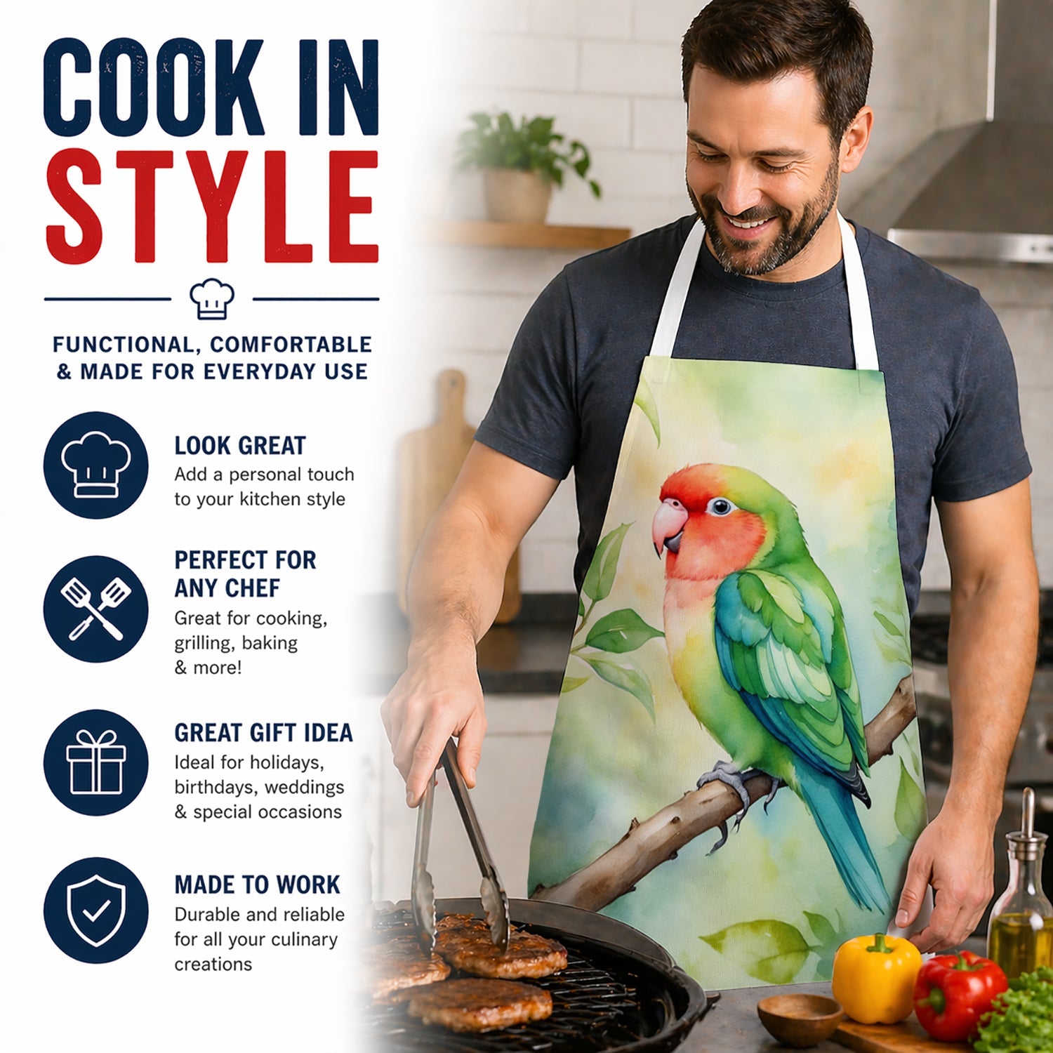 Peachfaced Lovebird Apron Cooking Kitchen Server Baking Crafts Gardening for Adult Women Men, Unisex, Large, Multicolor