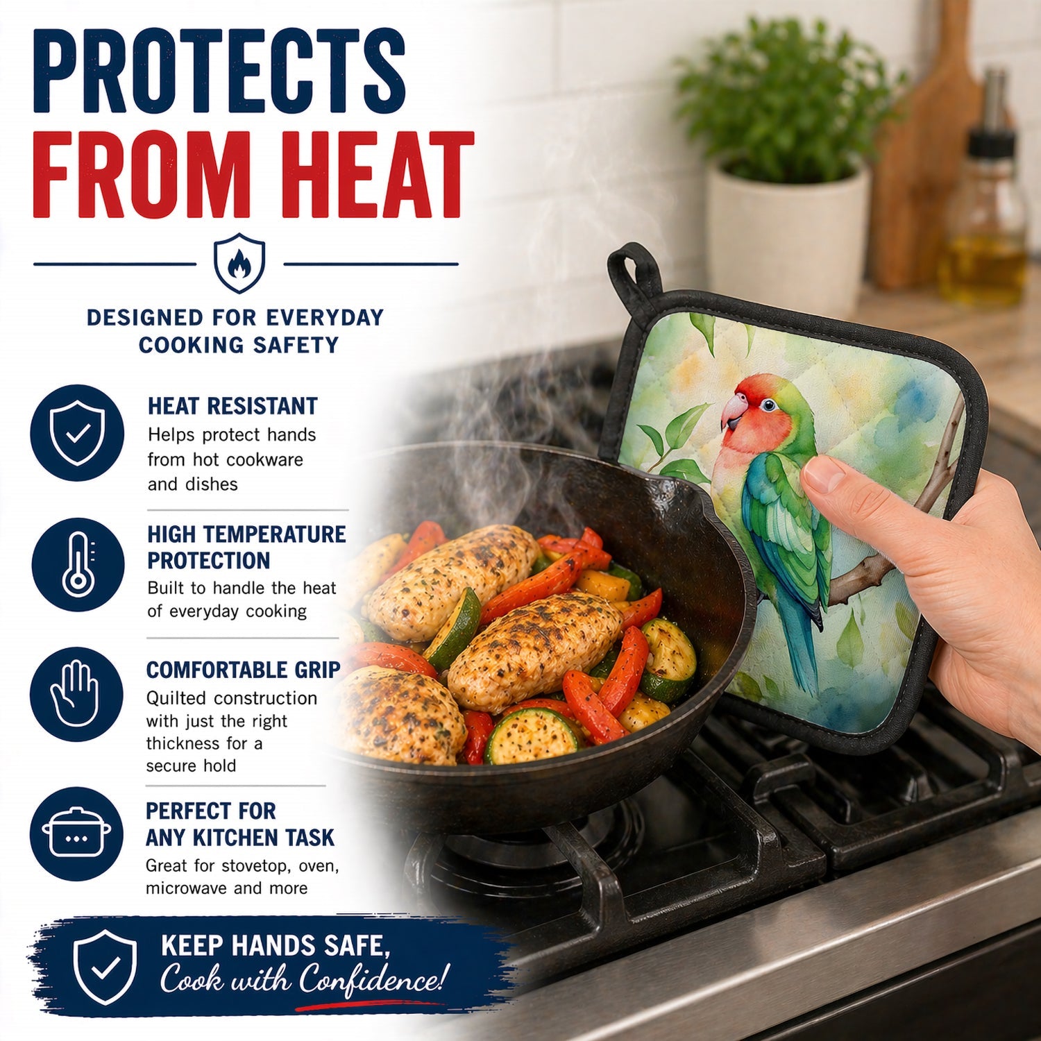 Peachfaced Lovebird Pot Holder Set of 2 Heat Resistant Quilted Hot Pads 7.5 x 7.5 Inch, Insulated Kitchen Trivets for Cooking & Baking