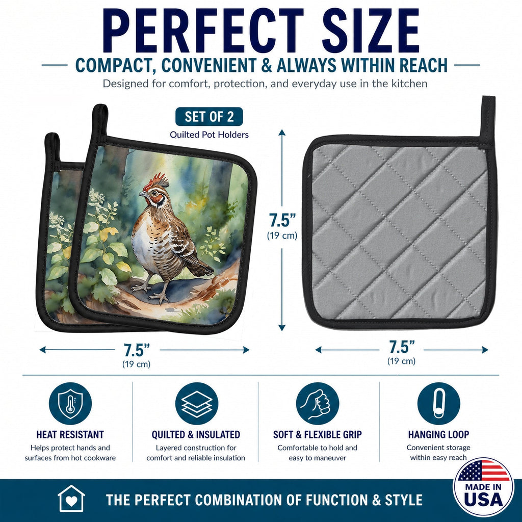 Pennsylvania Ruffed Grouse Pot Holder Set of 2 Heat Resistant Quilted Hot Pads 7.5 x 7.5 Inch, Insulated Kitchen Trivets for Cooking & Baking