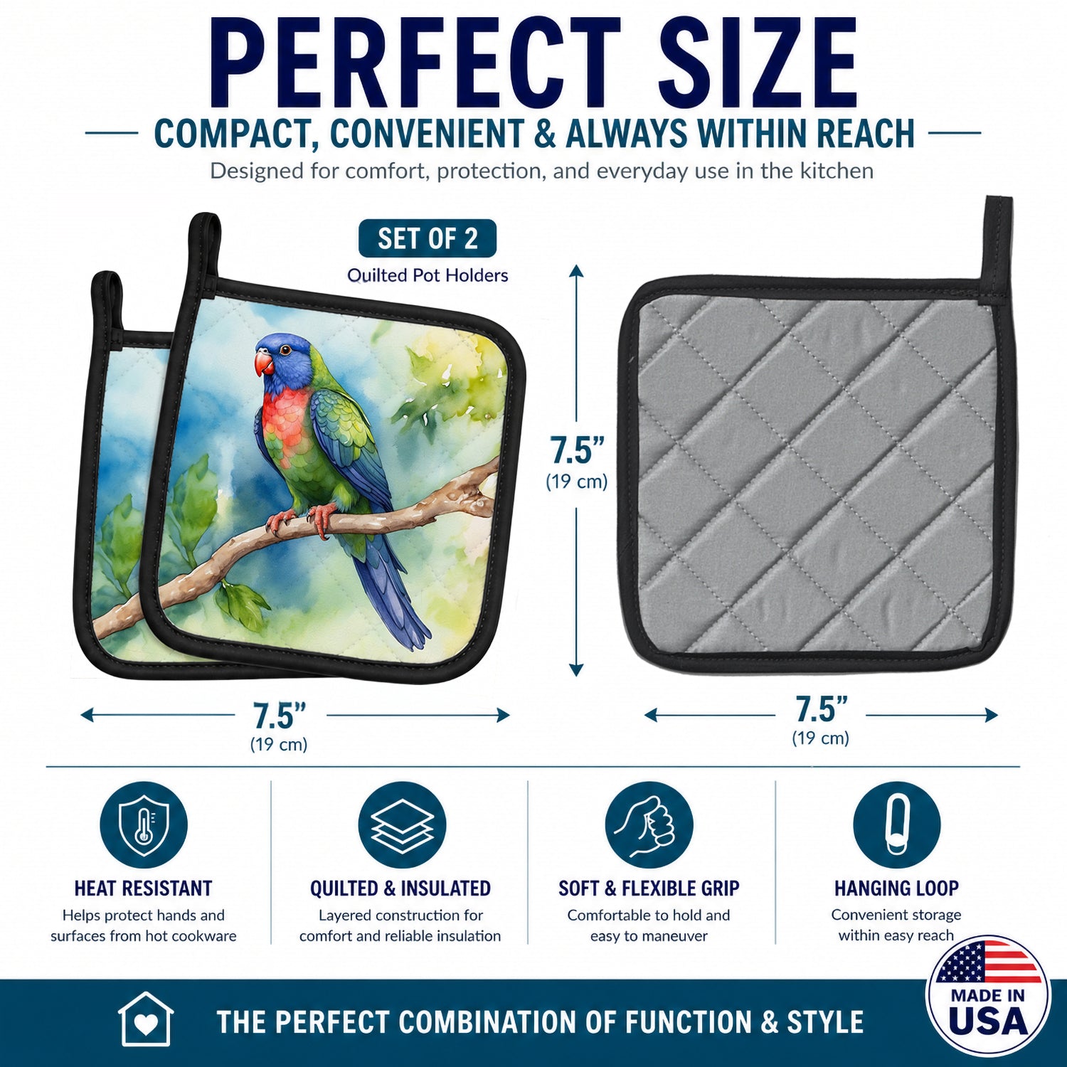 Pionus Pot Holder Set of 2 Heat Resistant Quilted Hot Pads 7.5 x 7.5 Inch, Insulated Kitchen Trivets for Cooking & Baking