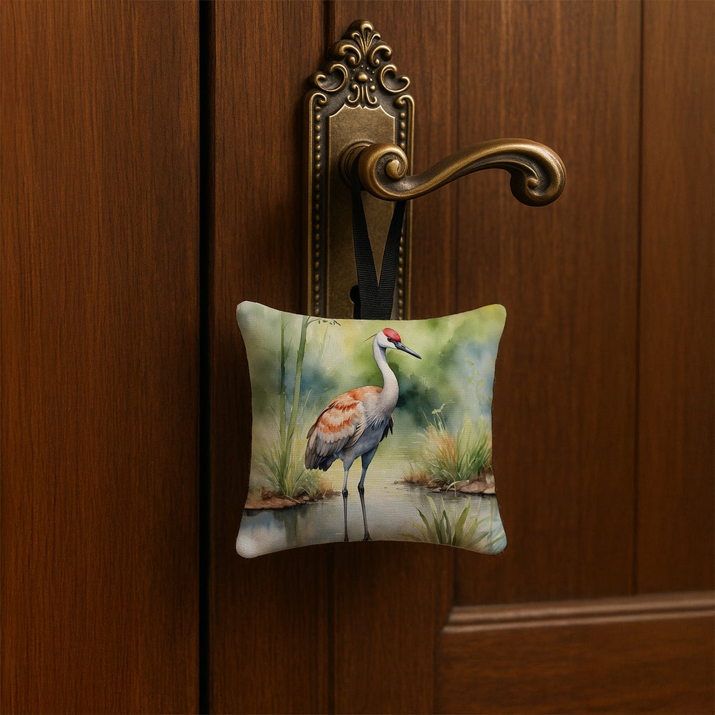 Sandhill Crane Hanging Square Fabric Ornament 3.5 × 3.5 Decorative Door-Knob & Tree Hanger, Soft Fabric