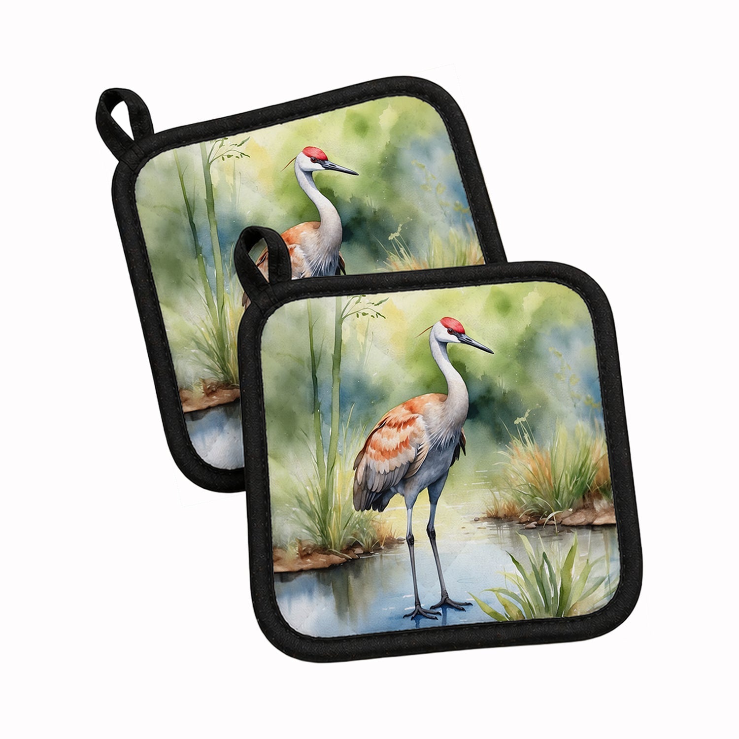Sandhill Crane Pot Holder Set of 2 Heat Resistant Quilted Hot Pads 7.5 x 7.5 Inch, Insulated Kitchen Trivets for Cooking & Baking
