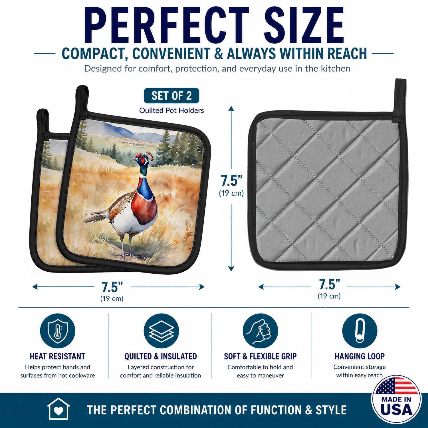 South Dakota Ringnecked Pheasant Pot Holder Set of 2 Heat Resistant Quilted Hot Pads 7.5 x 7.5 Inch, Insulated Kitchen Trivets for Cooking & Baking