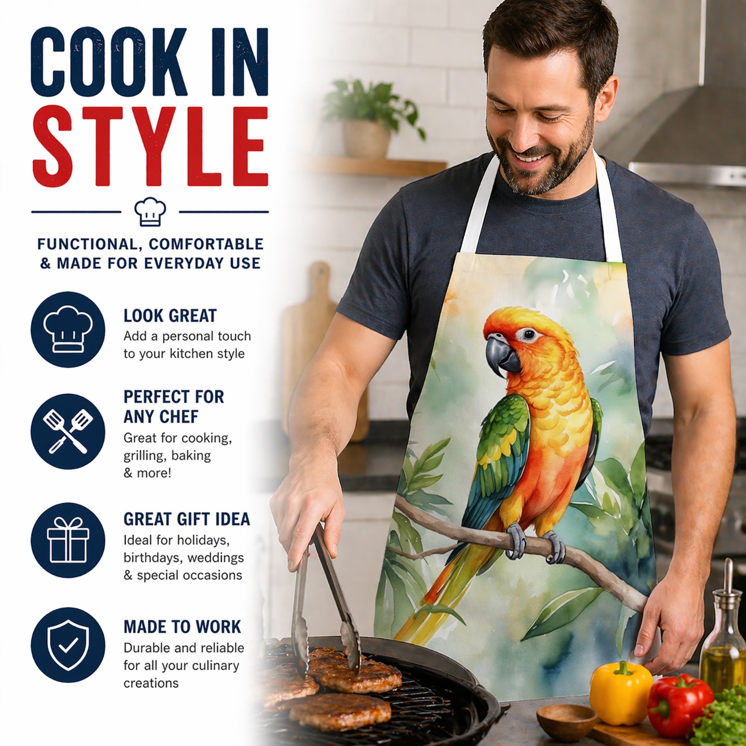 Sun Conure Apron Cooking Kitchen Server Baking Crafts Gardening for Adult Women Men, Unisex, Large, Multicolor