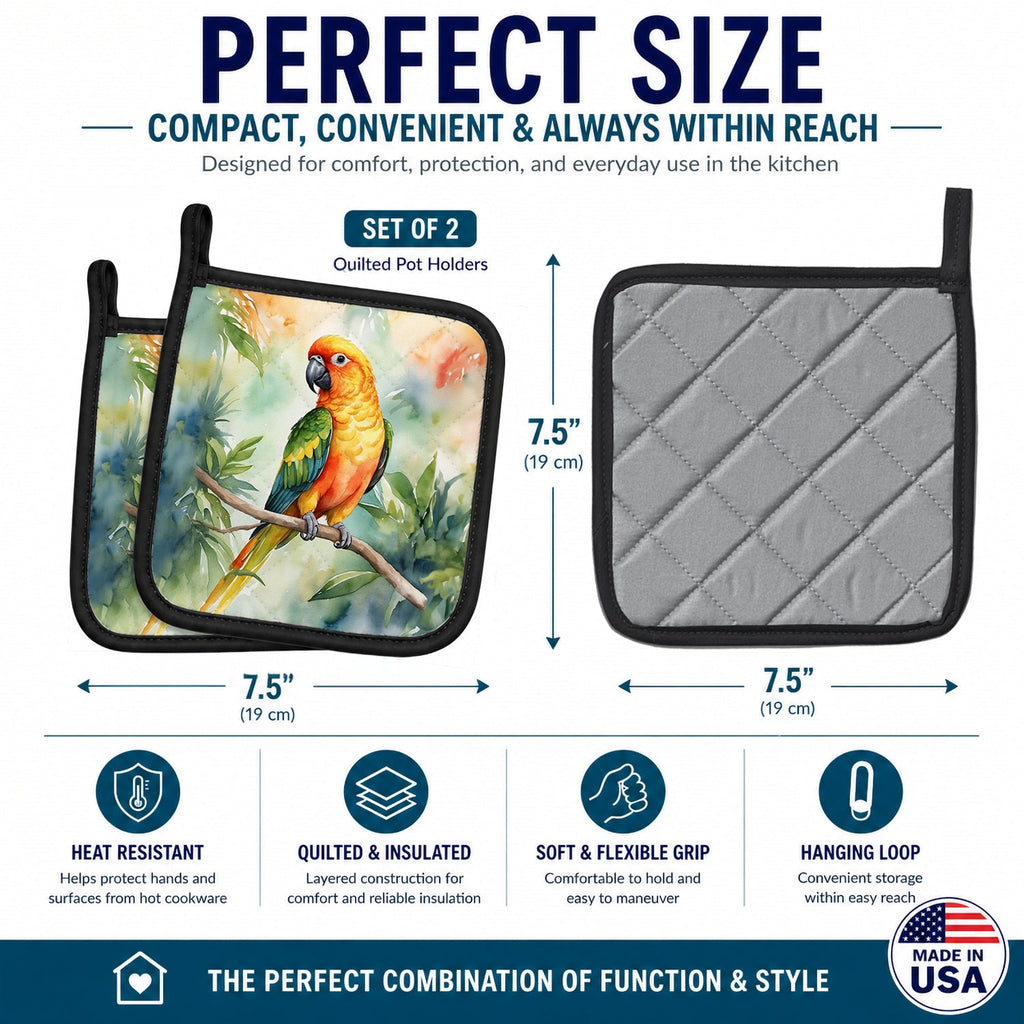 Sun Conure Pot Holder Set of 2 Heat Resistant Quilted Hot Pads 7.5 x 7.5 Inch, Insulated Kitchen Trivets for Cooking & Baking