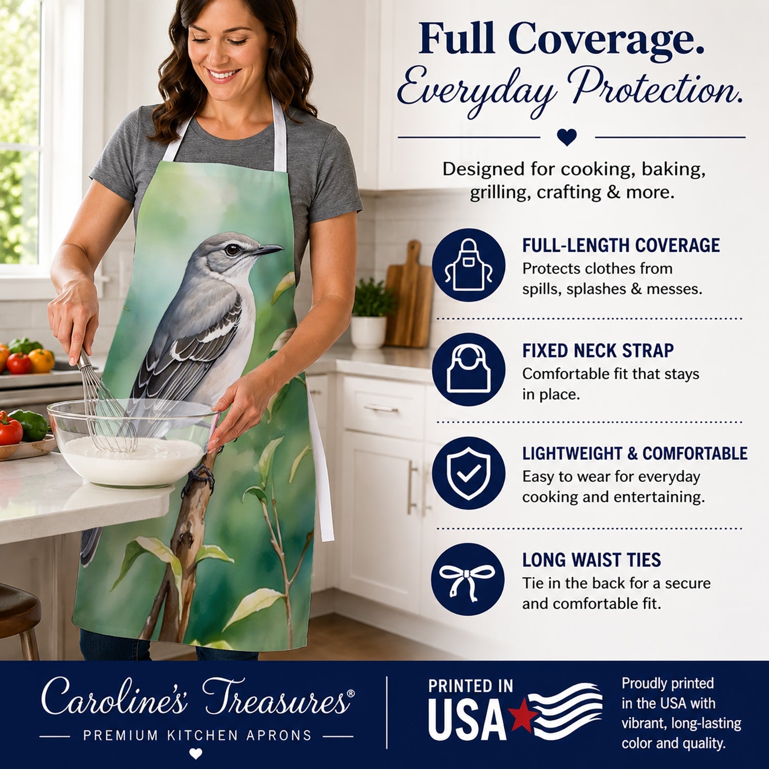 Tennessee Northern Mockingbird Apron Cooking Kitchen Server Baking Crafts Gardening for Adult Women Men, Unisex, Large, Multicolor