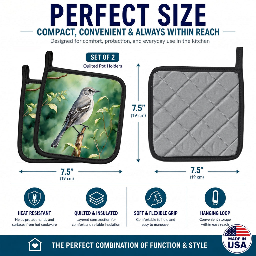 Tennessee Northern Mockingbird Pot Holder Set of 2 Heat Resistant Quilted Hot Pads 7.5 x 7.5 Inch, Insulated Kitchen Trivets for Cooking & Baking