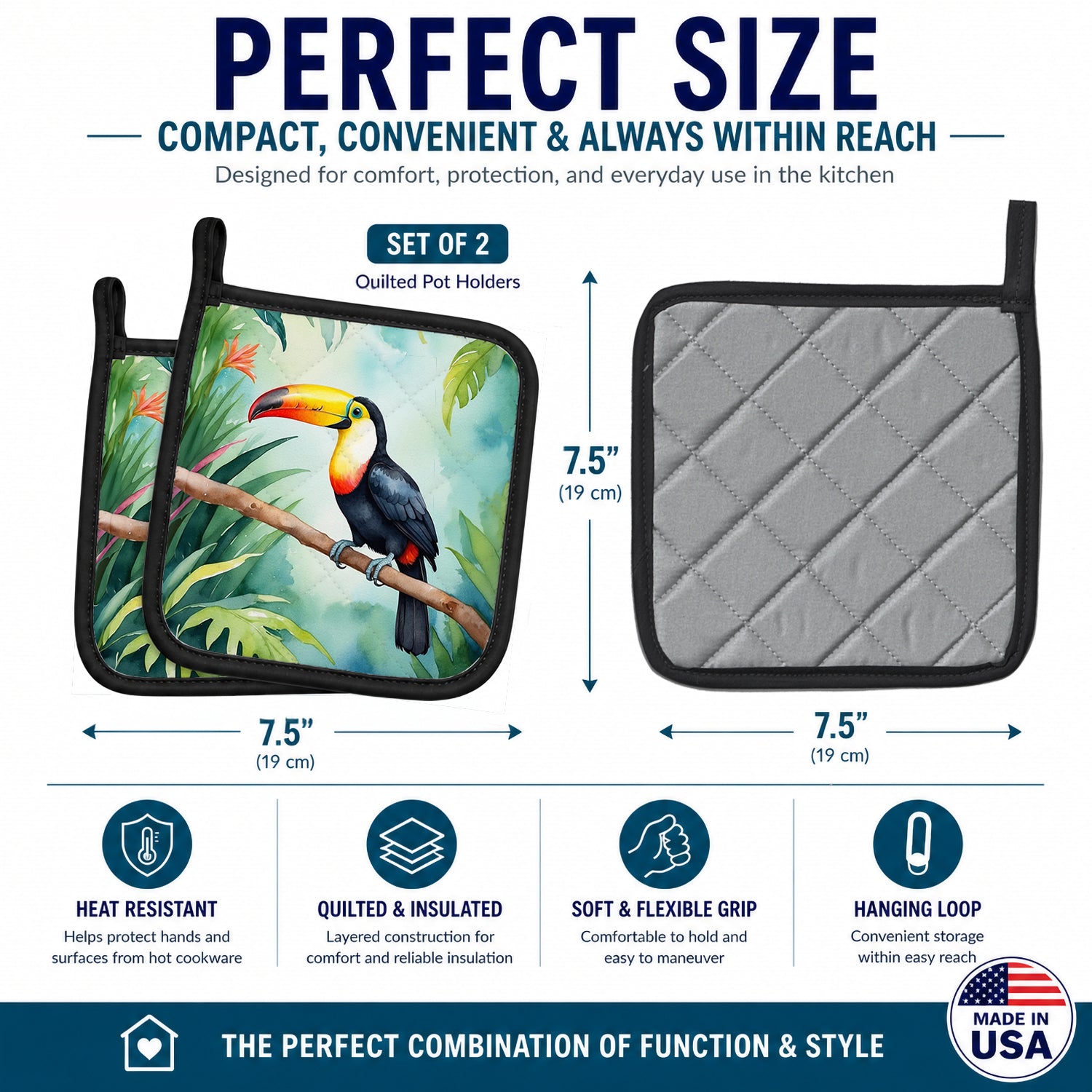 Toucan Pot Holder Set of 2 Heat Resistant Quilted Hot Pads 7.5 x 7.5 Inch, Insulated Kitchen Trivets for Cooking & Baking