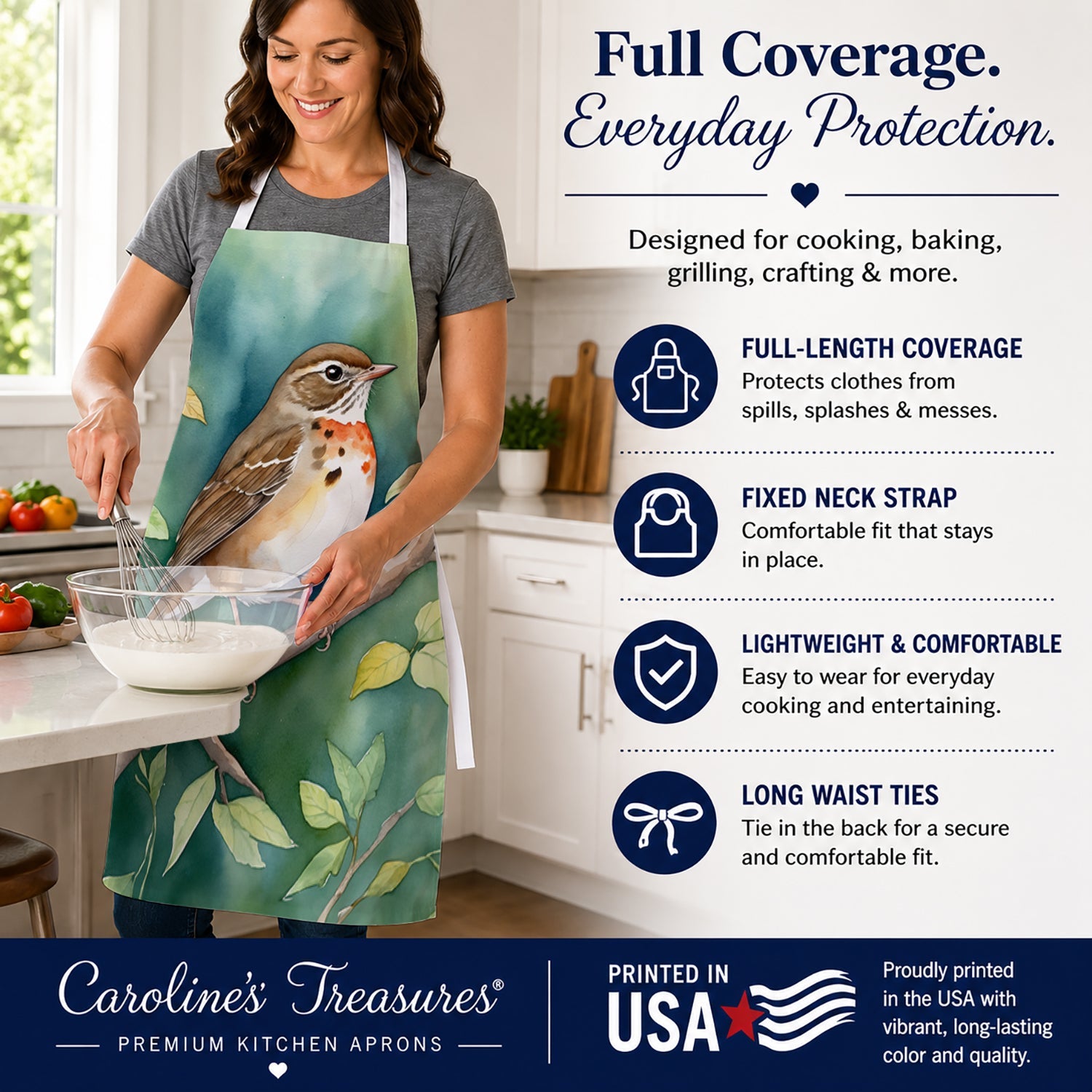 Vermont Hermit Thrush Apron Cooking Kitchen Server Baking Crafts Gardening for Adult Women Men, Unisex, Large, Multicolor