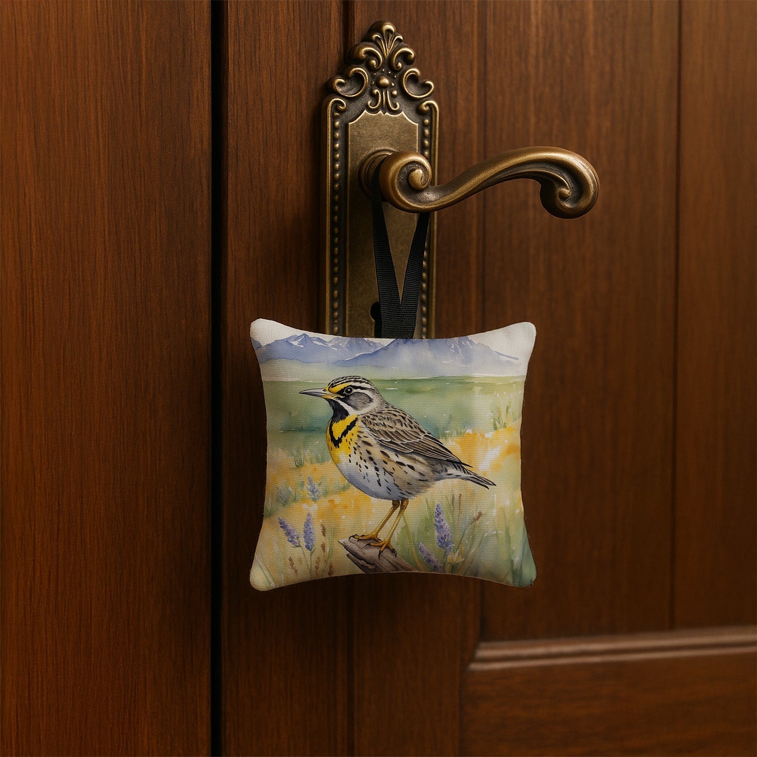 Wyoming Western Meadowlark Hanging Square Fabric Ornament 3.5 × 3.5 Decorative Door-Knob & Tree Hanger, Soft Fabric