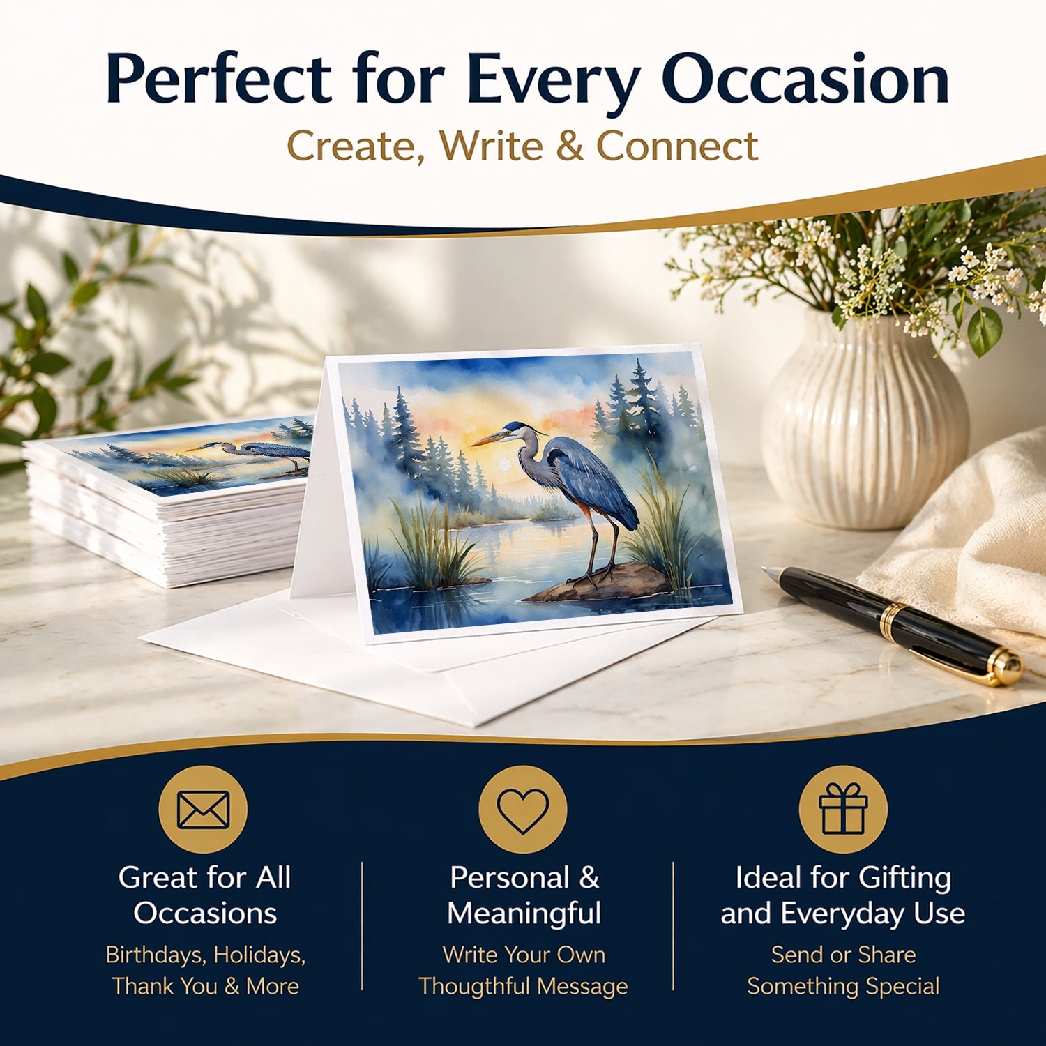 Great Blue Heron Marsh Landscape Watercolor Greeting Cards Pack of 8 Blank Cards with Envelopes Whimsical A7 Size 5x7