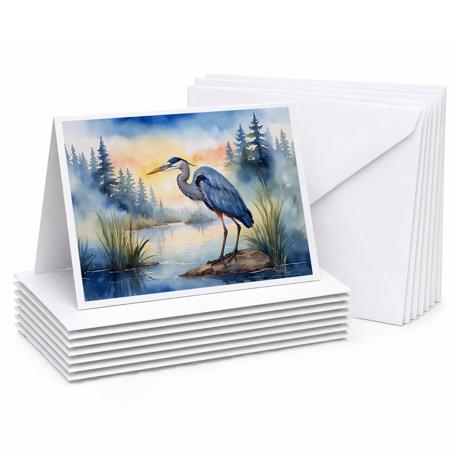 Great Blue Heron Marsh Landscape Watercolor Greeting Cards Pack of 8 Blank Cards with Envelopes Whimsical A7 Size 5x7