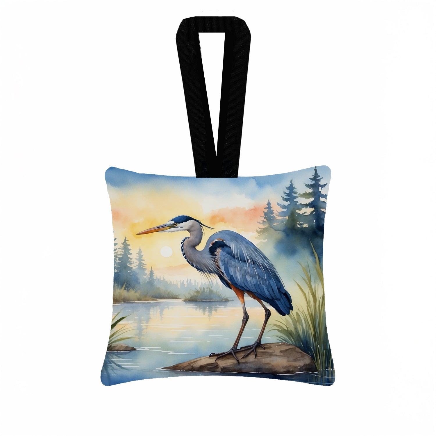 Great Blue Heron Marsh Landscape Watercolor Hanging Square Fabric Ornament 3.5 × 3.5 Decorative Door-Knob & Tree Hanger, Soft Fabric