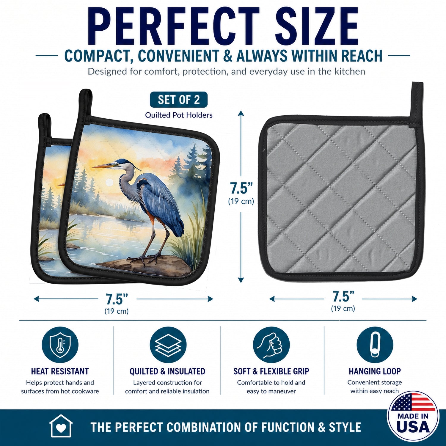 Great Blue Heron Marsh Landscape Watercolor Pot Holder Set of 2 Heat Resistant Quilted Hot Pads 7.5 x 7.5 Inch, Insulated Kitchen Trivets for Cooking & Baking