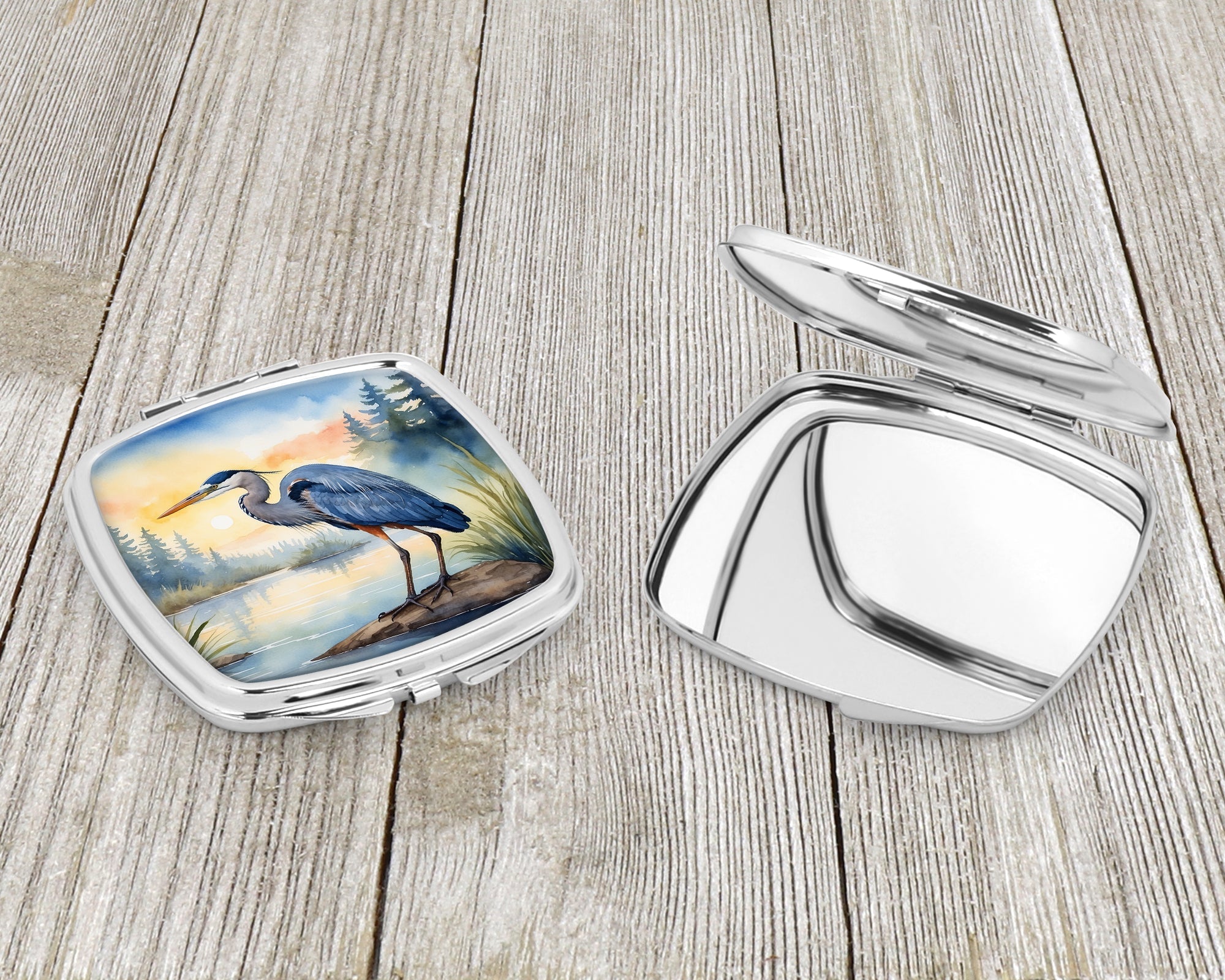 Great Blue Heron Marsh Landscape Watercolor Compact Mirror Decorative Travel Makeup Mirror for Women Girls Gifts Pocket Makeup Mirror Folding Handheld