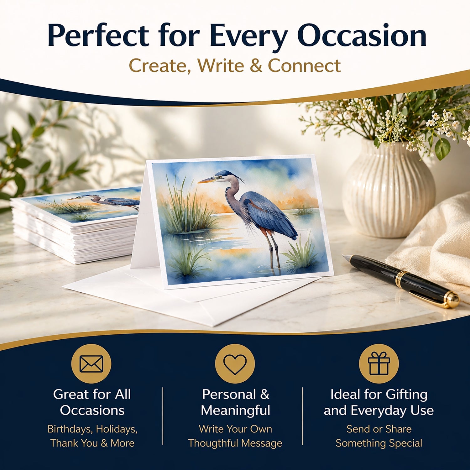 Great Blue Heron Wetland Scene Watercolor Greeting Cards Pack of 8 Blank Cards with Envelopes Whimsical A7 Size 5x7