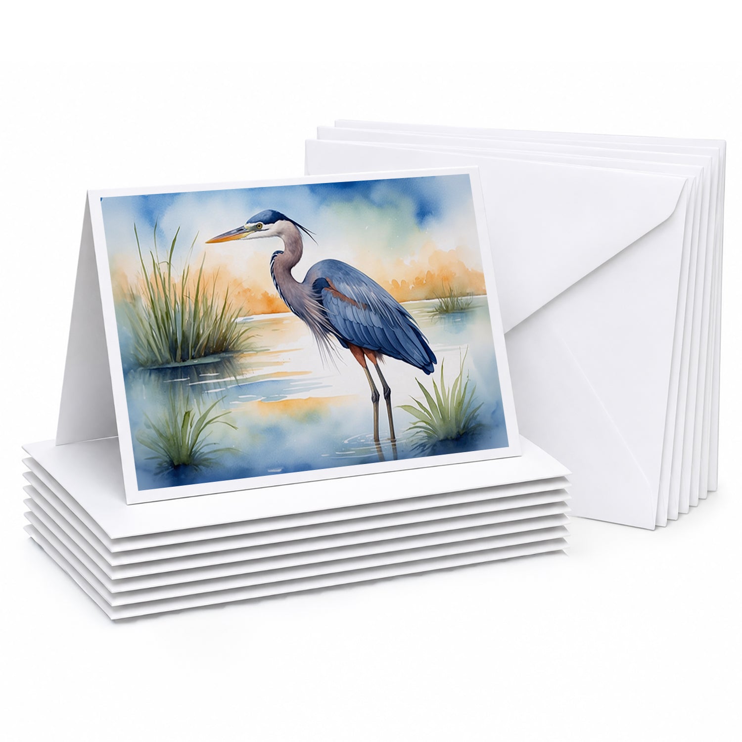 Great Blue Heron Wetland Scene Watercolor Greeting Cards Pack of 8 Blank Cards with Envelopes Whimsical A7 Size 5x7