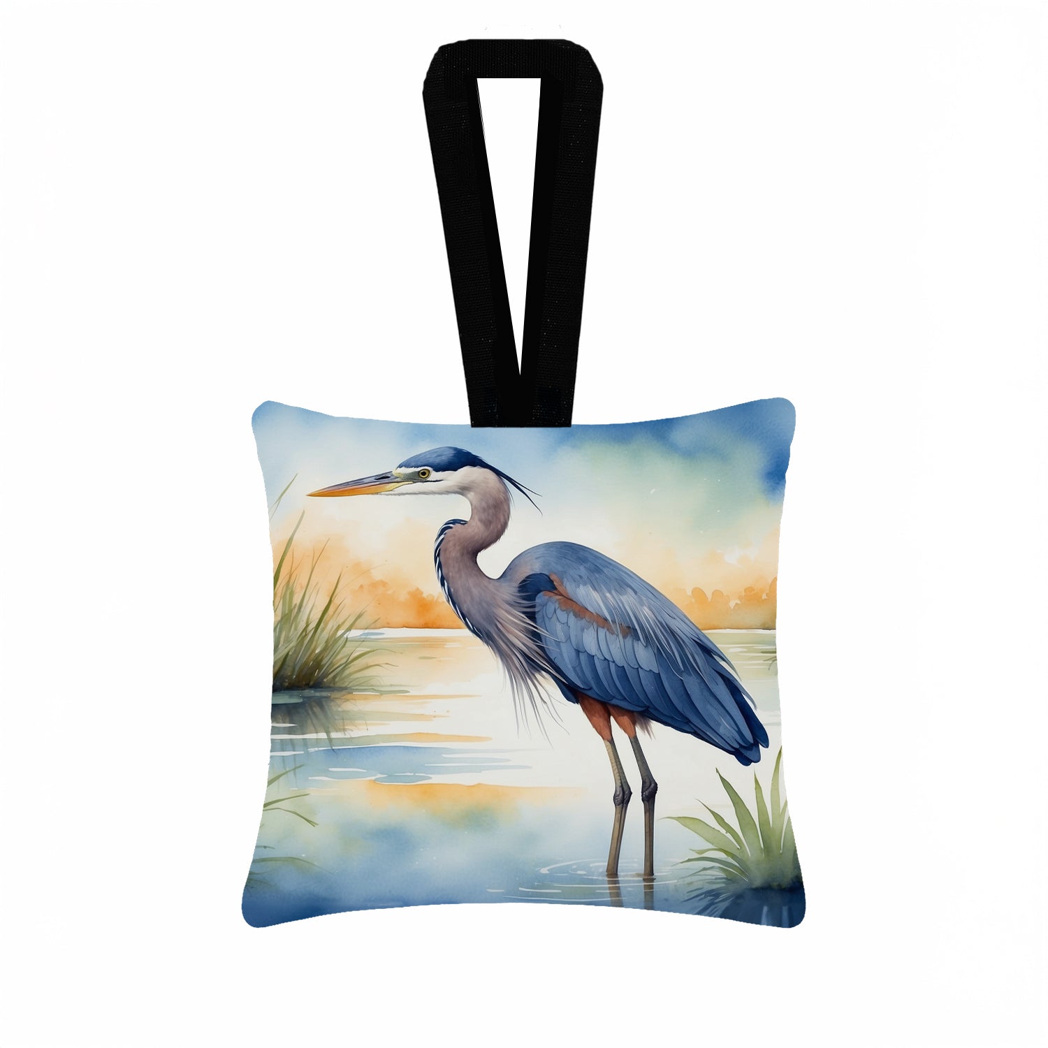 Great Blue Heron Wetland Scene Watercolor Hanging Square Fabric Ornament 3.5 × 3.5 Decorative Door-Knob & Tree Hanger, Soft Fabric