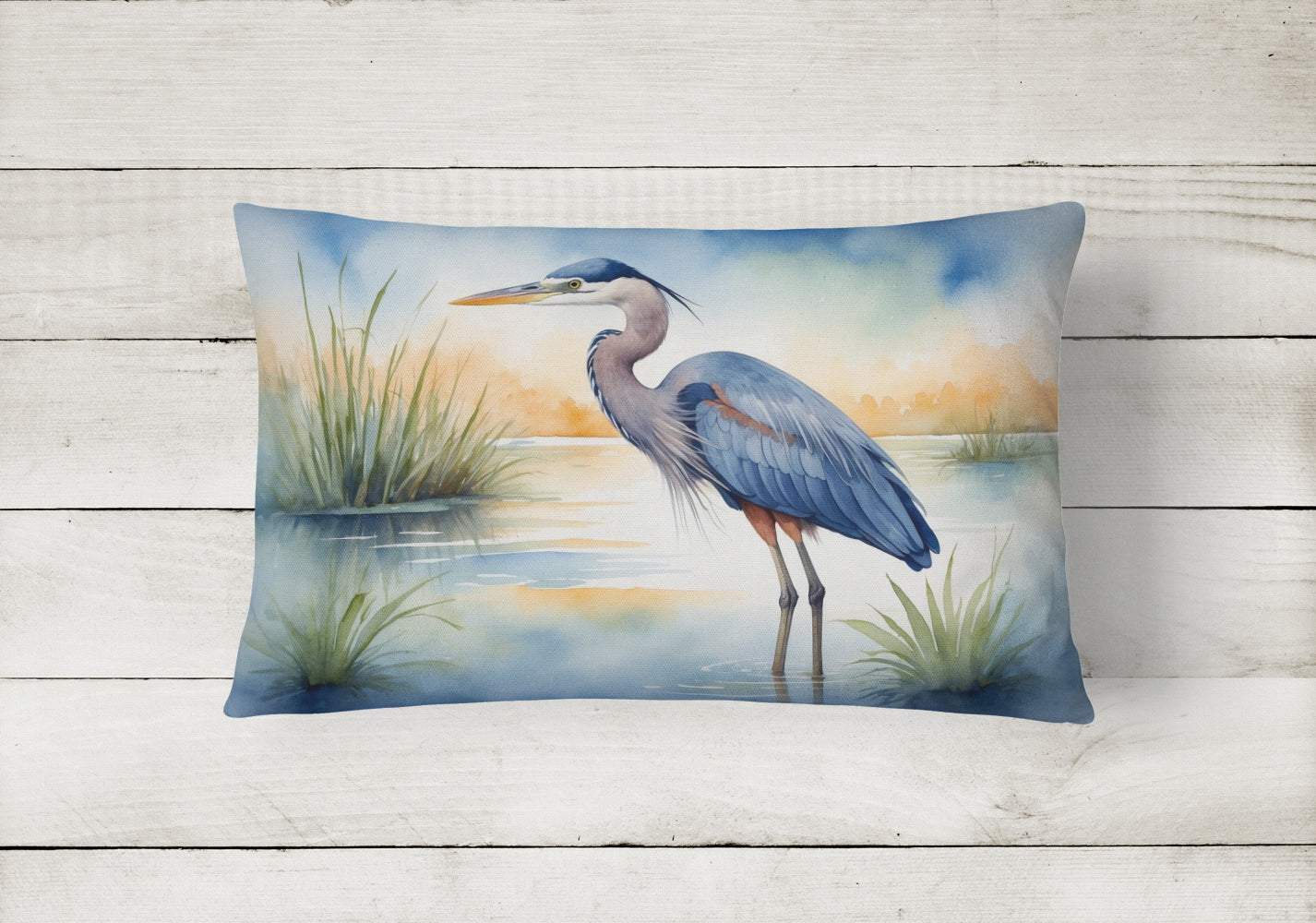 Great Blue Heron Wetland Scene Watercolor Decorative Throw Pillow 12x16 Indoor Outdoor Accent Cushion, Fabric Cover with Insert for Sofa, Bed, Porch & Living Room