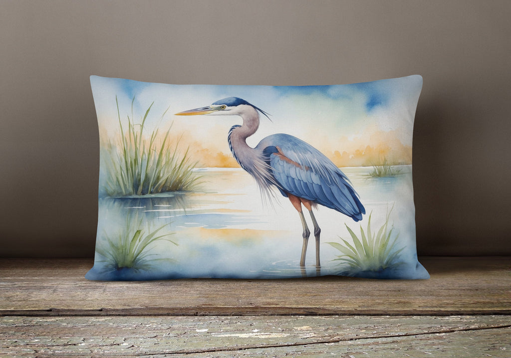 Great Blue Heron Wetland Scene Watercolor Decorative Throw Pillow 12x16 Indoor Outdoor Accent Cushion, Fabric Cover with Insert for Sofa, Bed, Porch & Living Room