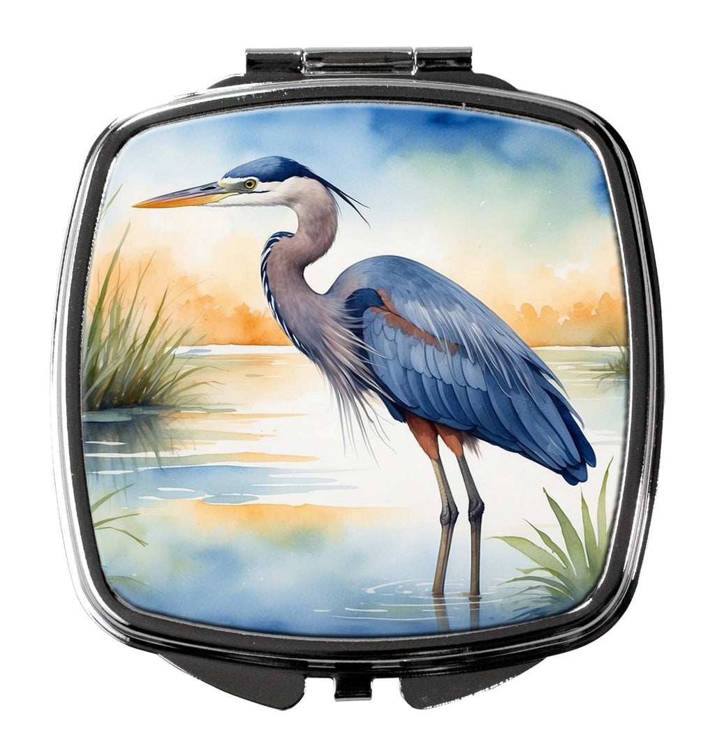 Great Blue Heron Wetland Scene Watercolor Compact Mirror Decorative Travel Makeup Mirror for Women Girls Gifts Pocket Makeup Mirror Folding Handheld