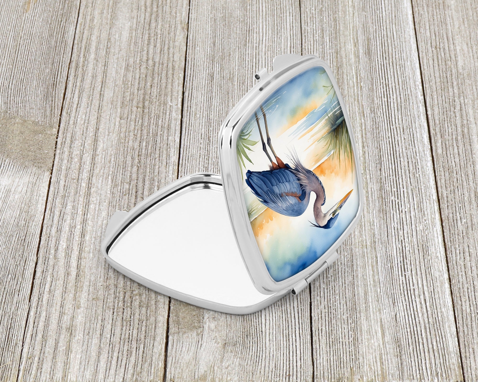 Great Blue Heron Wetland Scene Watercolor Compact Mirror Decorative Travel Makeup Mirror for Women Girls Gifts Pocket Makeup Mirror Folding Handheld