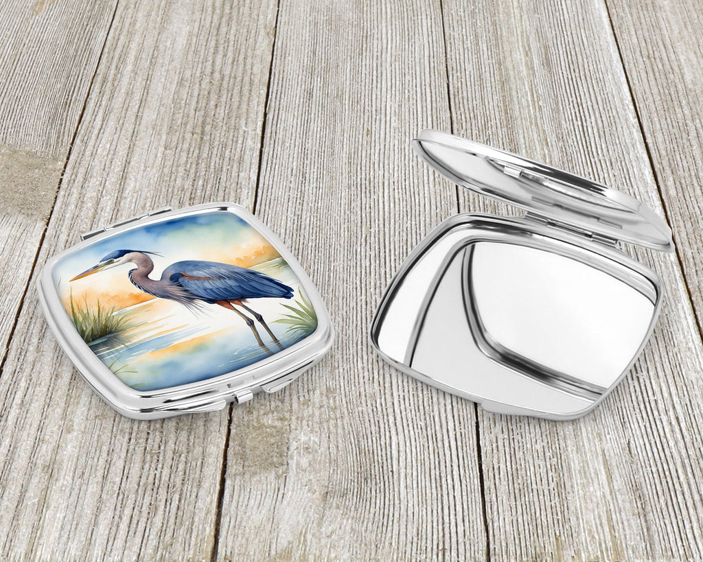 Great Blue Heron Wetland Scene Watercolor Compact Mirror Decorative Travel Makeup Mirror for Women Girls Gifts Pocket Makeup Mirror Folding Handheld