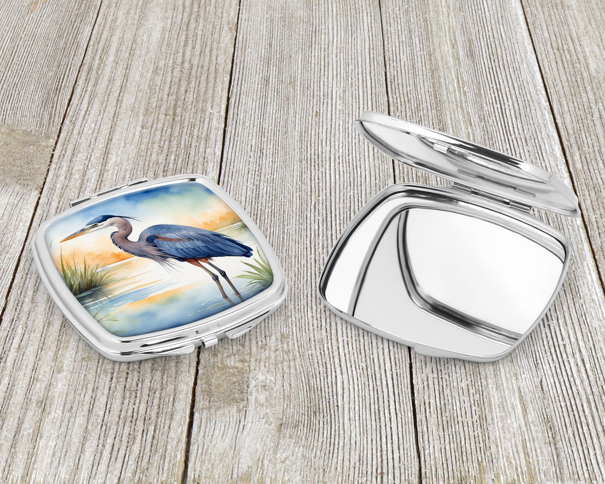 Great Blue Heron Wetland Scene Watercolor Compact Mirror Decorative Travel Makeup Mirror for Women Girls Gifts Pocket Makeup Mirror Folding Handheld