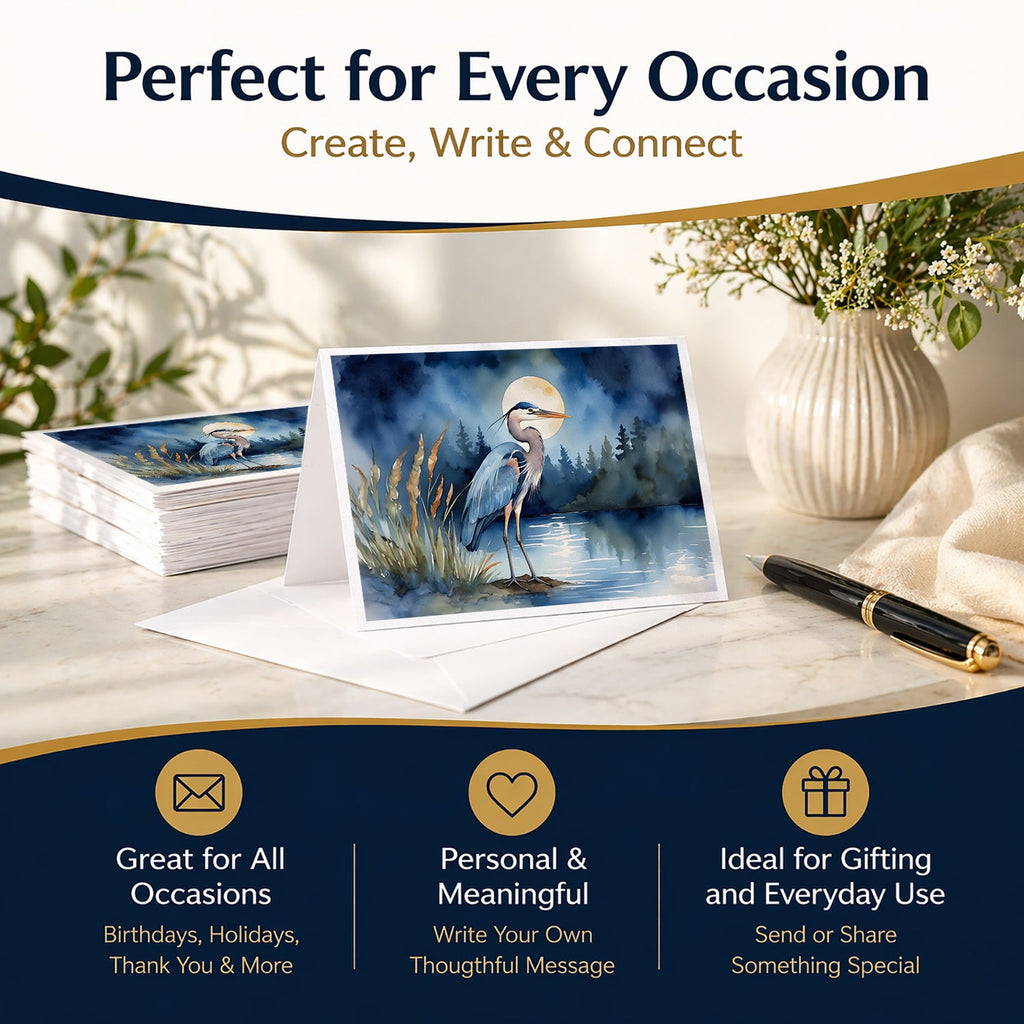 Great Blue Heron Moonlight Marsh Watercolor Greeting Cards Pack of 8 Blank Cards with Envelopes Whimsical A7 Size 5x7