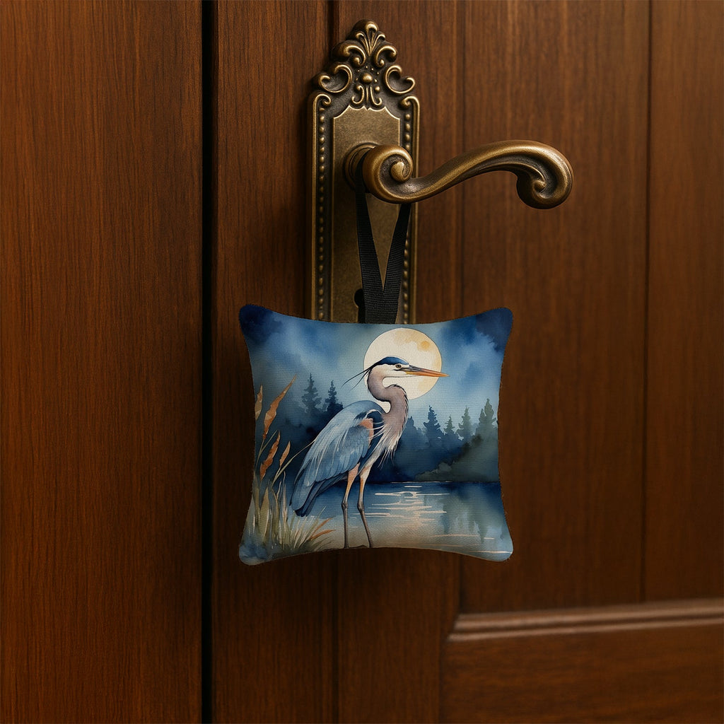 Great Blue Heron Moonlight Marsh Watercolor Hanging Square Fabric Ornament 3.5 × 3.5 Decorative Door-Knob & Tree Hanger, Soft Fabric