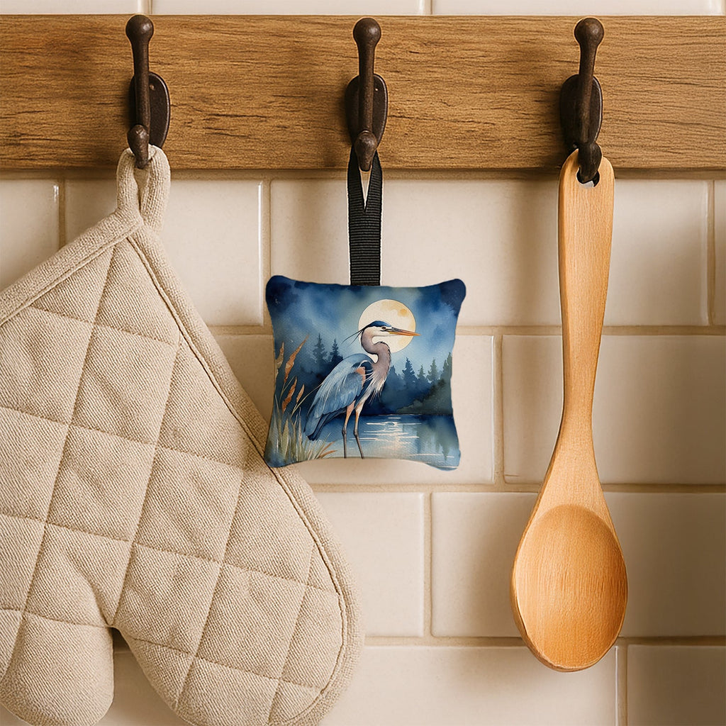 Great Blue Heron Moonlight Marsh Watercolor Hanging Square Fabric Ornament 3.5 × 3.5 Decorative Door-Knob & Tree Hanger, Soft Fabric
