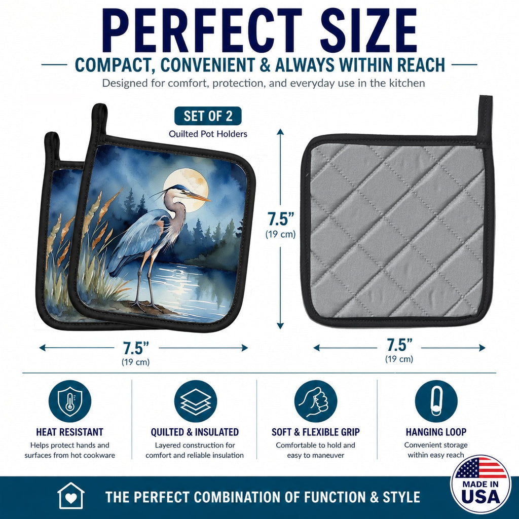Great Blue Heron Moonlight Marsh Watercolor Pot Holder Set of 2 Heat Resistant Quilted Hot Pads 7.5 x 7.5 Inch, Insulated Kitchen Trivets for Cooking & Baking
