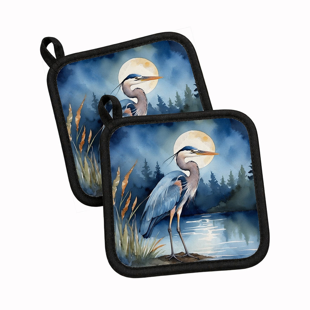 Great Blue Heron Moonlight Marsh Watercolor Pot Holder Set of 2 Heat Resistant Quilted Hot Pads 7.5 x 7.5 Inch, Insulated Kitchen Trivets for Cooking & Baking