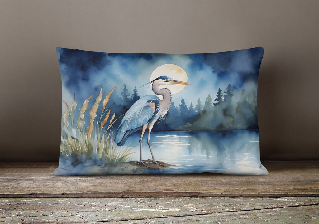 Great Blue Heron Moonlight Marsh Watercolor Decorative Throw Pillow 12x16 Indoor Outdoor Accent Cushion, Fabric Cover with Insert for Sofa, Bed, Porch & Living Room