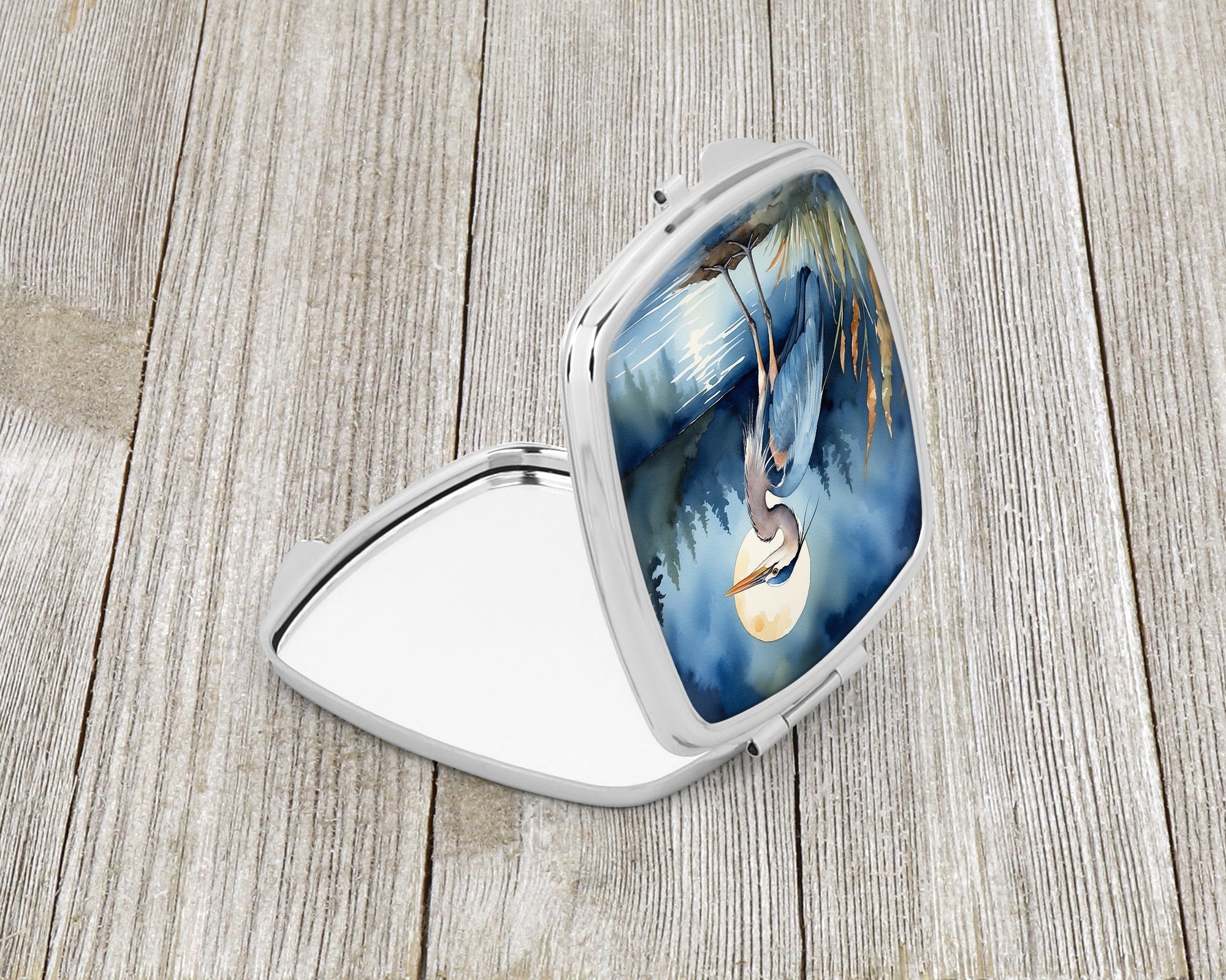 Great Blue Heron Moonlight Marsh Watercolor Compact Mirror Decorative Travel Makeup Mirror for Women Girls Gifts Pocket Makeup Mirror Folding Handheld