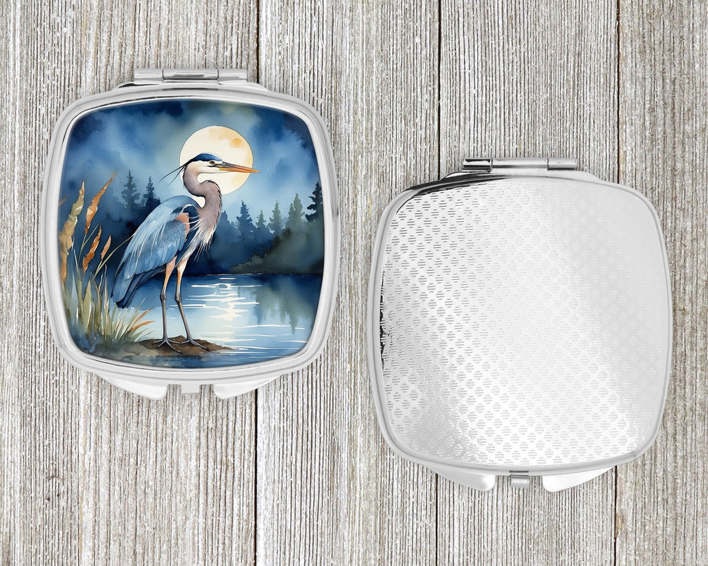 Great Blue Heron Moonlight Marsh Watercolor Compact Mirror Decorative Travel Makeup Mirror for Women Girls Gifts Pocket Makeup Mirror Folding Handheld