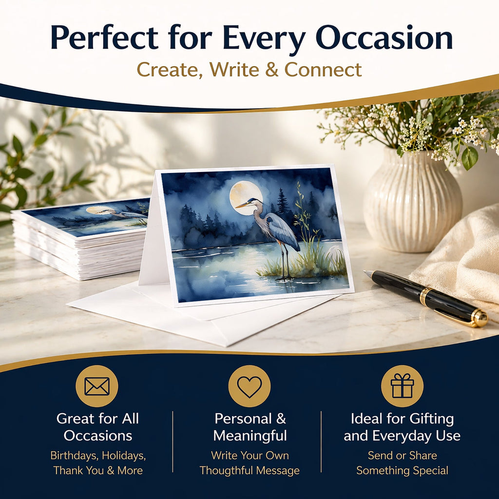 Great Blue Heron Night Lake Scene Watercolor Greeting Cards Pack of 8 Blank Cards with Envelopes Whimsical A7 Size 5x7