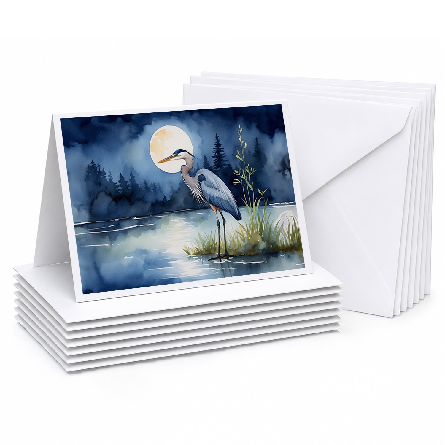 Great Blue Heron Night Lake Scene Watercolor Greeting Cards Pack of 8 Blank Cards with Envelopes Whimsical A7 Size 5x7