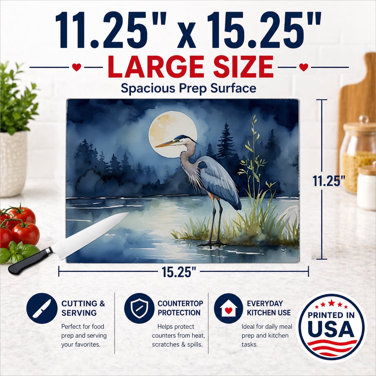 Great Blue Heron Night Lake Scene Watercolor Cutting Board Tempered Glass Kitchen Cutting Surface, Heat Resistant Chopping, Non-Slip Feet, Food Prep & Serving