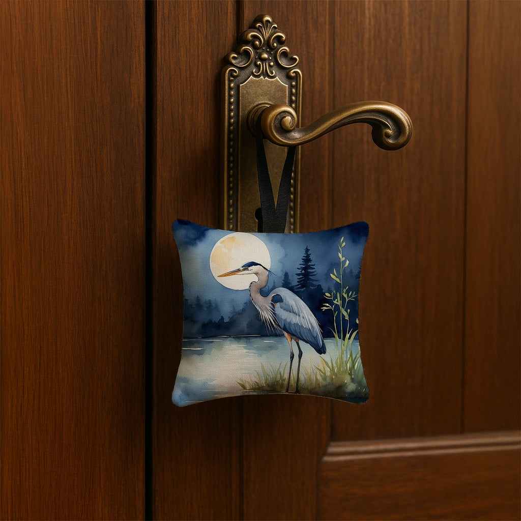 Great Blue Heron Night Lake Scene Watercolor Hanging Square Fabric Ornament 3.5 × 3.5 Decorative Door-Knob & Tree Hanger, Soft Fabric