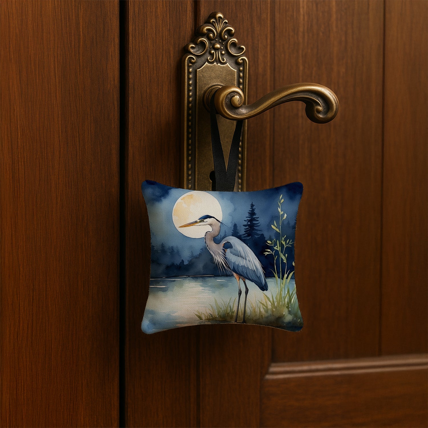 Great Blue Heron Night Lake Scene Watercolor Hanging Square Fabric Ornament 3.5 × 3.5 Decorative Door-Knob & Tree Hanger, Soft Fabric