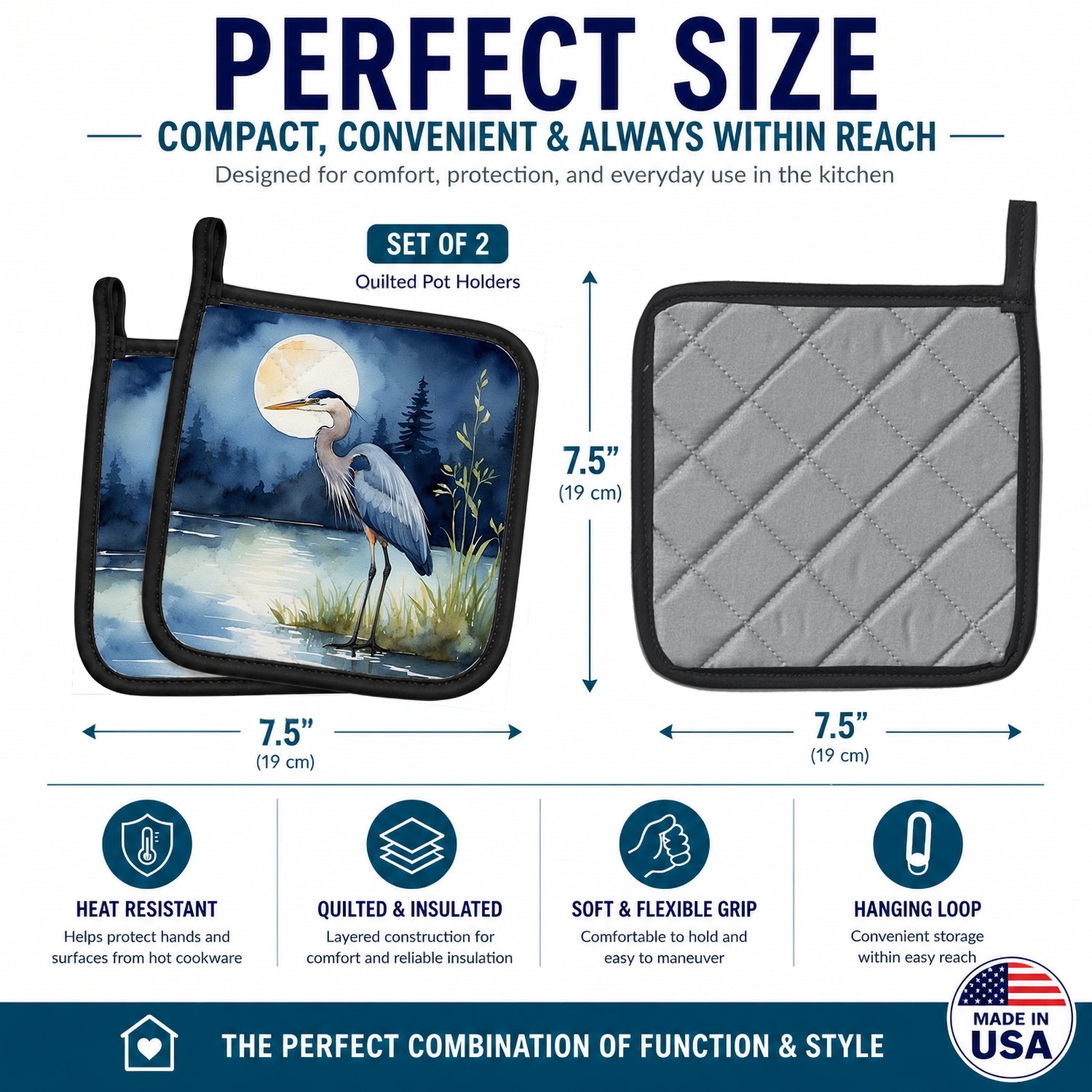 Great Blue Heron Night Lake Scene Watercolor Pot Holder Set of 2 Heat Resistant Quilted Hot Pads 7.5 x 7.5 Inch, Insulated Kitchen Trivets for Cooking & Baking