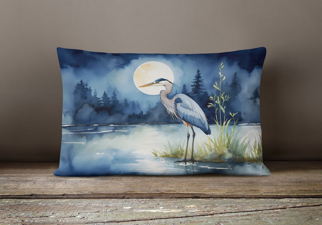 Great Blue Heron Night Lake Scene Watercolor Decorative Throw Pillow 12x16 Indoor Outdoor Accent Cushion, Fabric Cover with Insert for Sofa, Bed, Porch & Living Room