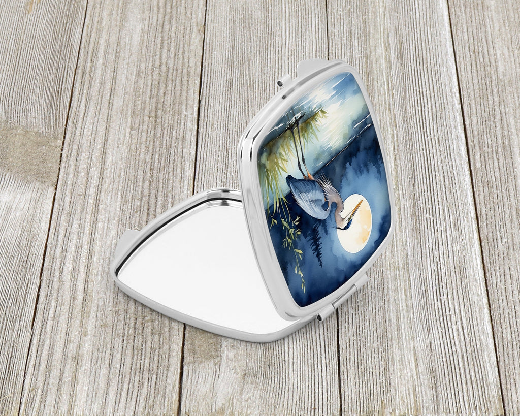 Great Blue Heron Night Lake Scene Watercolor Compact Mirror Decorative Travel Makeup Mirror for Women Girls Gifts Pocket Makeup Mirror Folding Handheld